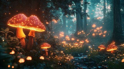 Glowing mushrooms in a mystical forest.