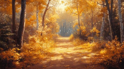 Obraz premium Autumn path through a golden forest.