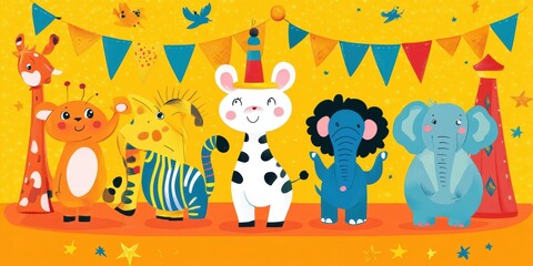 Fototapeta premium Five cartoon animals on stage with circus tent.