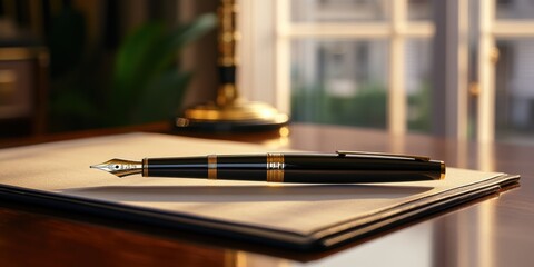 Obraz premium Gold pen on leather bound notebook.