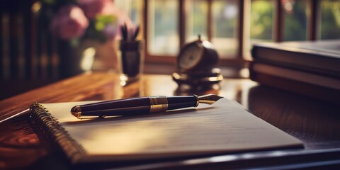 Obraz premium Fountain pen on open notebook, wooden desk.