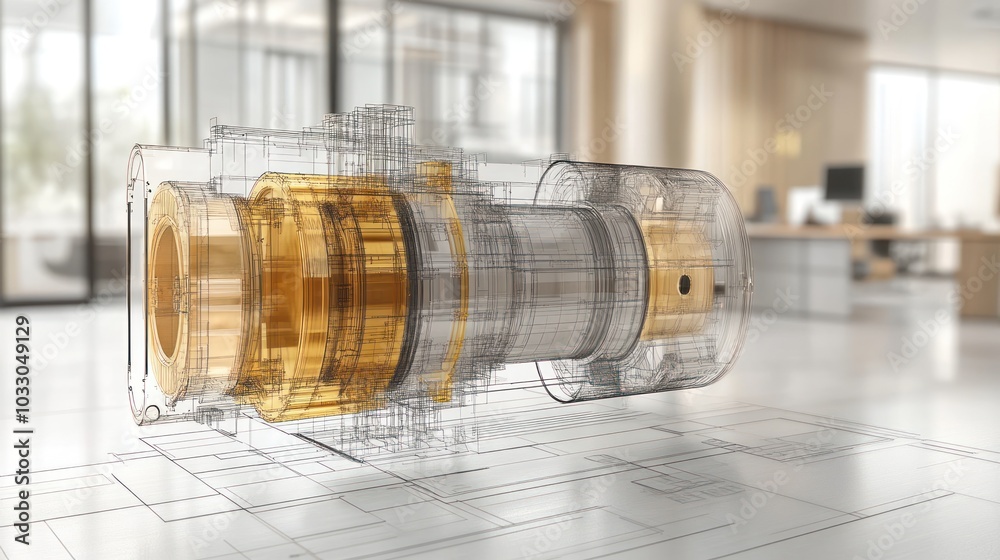 Poster 3D Wireframe Model of a Complex Machine Part on a Blueprint