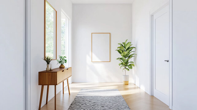 bright and airy hallway featuring mid century console table, decorative plants, and large windows that invite natural light. minimalist design creates welcoming atmosphere