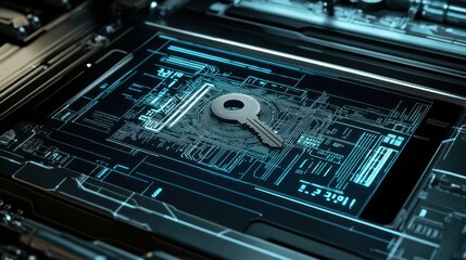Obraz premium A Silver Key on a Futuristic Tech Interface