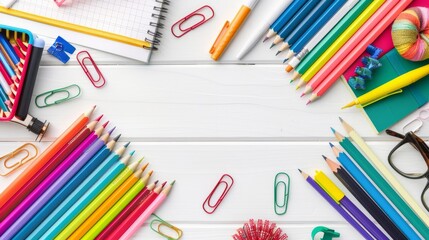 Vibrant and colorful school supplies displayed on a clean white background with ample copy space for educational themes and creative projects

