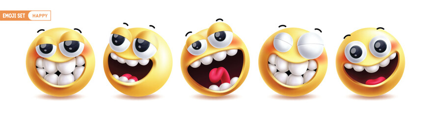 Emoji happy 3d characters vector set. Emojis emoticon in funny, smiling, naughty, laughing and cheerful facial expression collection in white background. Vector illustration happy faces emoticon 