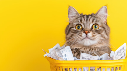 fluffy cat with striking yellow eyes sits in yellow basket filled with receipts, creating playful and curious atmosphere. vibrant background enhances cats charm and adds cheerful touch