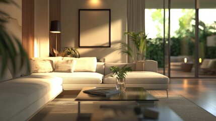 Fototapeta premium A living room with a couch, a coffee table and