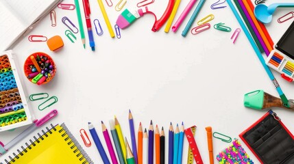 Vibrant and colorful school supplies displayed on a clean white background with ample copy space for educational themes and creative projects

