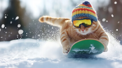 adventurous cat wearing sunglasses and colorful hat snowboards down snowy slope, showcasing its playful spirit and love for winter sports. scene captures joy and excitement of feline in action
