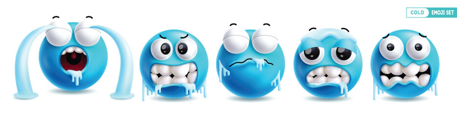 Emoji cold emoticon character vector set. Emojis frozen emoticon character collection in chilly, freezing, tears, frost and snow isolated in white background. Vector illustration blue frozen round 