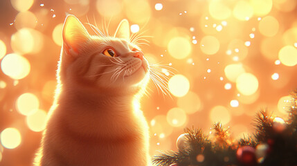 serene orange cat gazes upward, illuminated by warm, glowing lights, creating magical holiday atmosphere. soft bokeh effect enhances festive mood