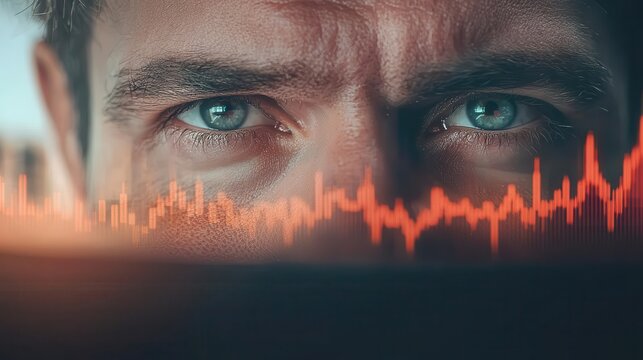 Stock trader sitting at a desk with multiple screens, abstract stock graphs reflected in their eyes, intense trading environment