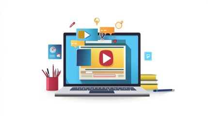 Educational video playing on a laptop, representing the rise of online tutorials and e-learning, isolated on white background