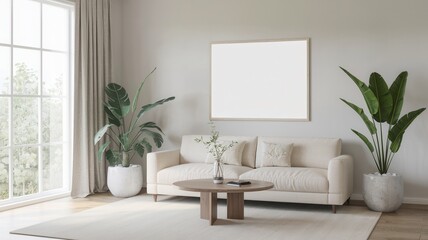 Living room with a white couch and a white coffee table