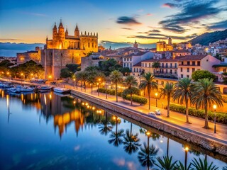 Obraz premium Captivating Low Light Photography of Palma de Mallorca's Nighttime Beauty