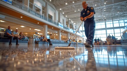 A man in uniform mops the floor of a busy airport terminal.