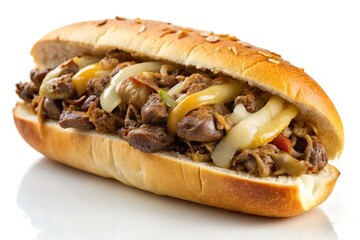 Delicious Philly cheesesteak sandwich with melted cheese and saut?ed onions on white background