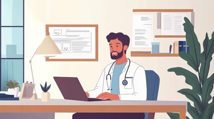 A doctor working remotely, typing on a laptop and writing healthcare documents in a professional home office