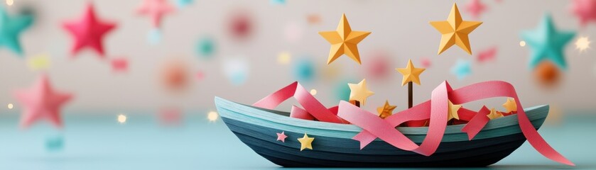 Festive boat with colorful stars and ribbons on a light blue background.