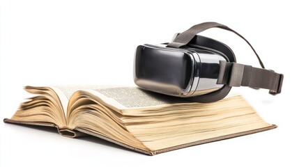 VR headset next to an open book, symbolizing the blend of traditional and digital learning, isolated on white background