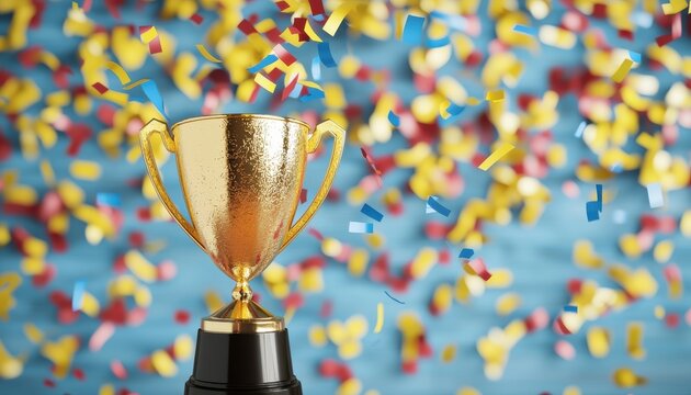 Golden trophy with confetti on a blue background, symbolizing victory and achievement.