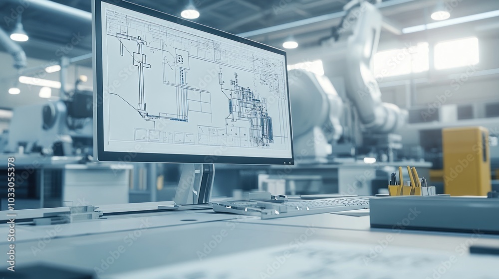 Poster A Computer Monitor Displaying a Technical Blueprint in an Industrial Setting