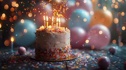 Birthday Cake with Confetti and Candles Illustration