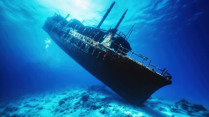 Fototapeta premium Sunken Shipwreck Rests in the Depths of the Vast Blue Ocean