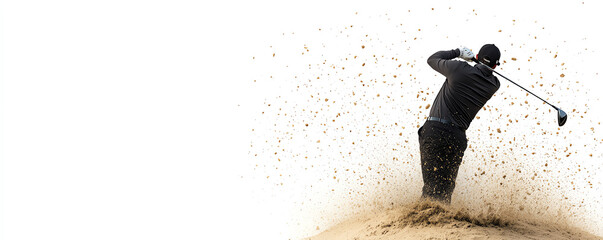 Golfer swinging club, sand flying, white isolated background.