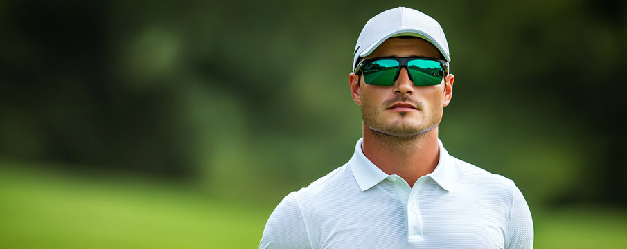 Male golfer wearing sunglasses in a green outdoor setting.