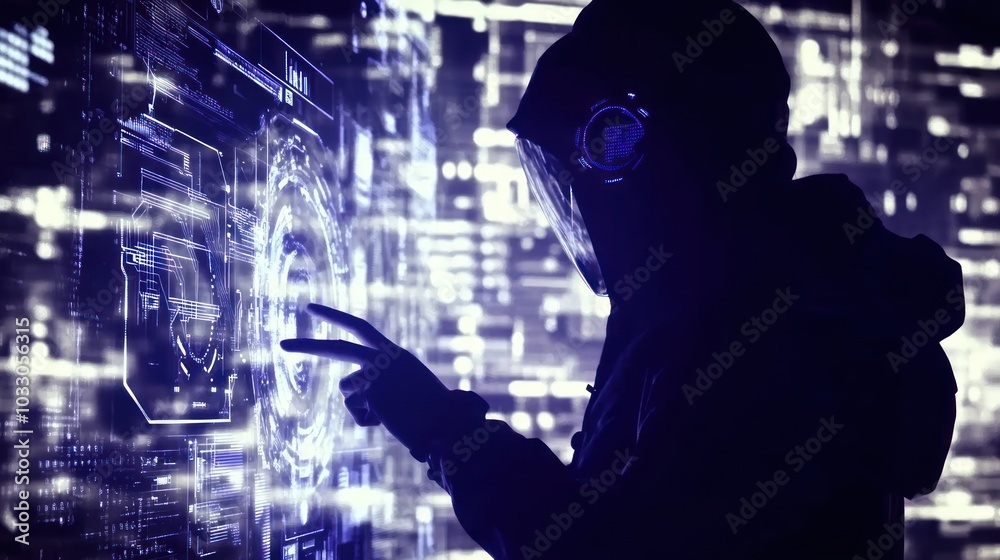 Poster a hooded figure interacts with a futuristic digital interface.