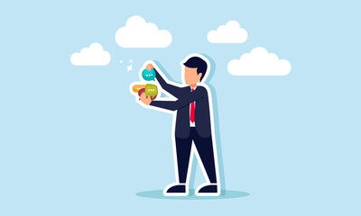 A businessman selects dialogue from various options, illustrating the process of choosing and filtering suggestions for evaluation and acceptance