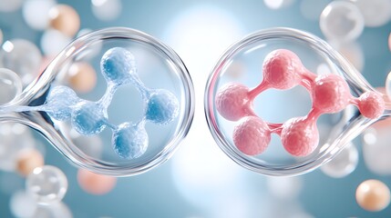 Two molecular structures in blue and pink, surrounded by bubbles, symbolizing chemistry and scientific exploration.