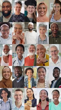 People, happy and ambition in collage for diversity, community growth and networking. Smile, portrait and public society in montage with workforce, aspirations or social development responsibility