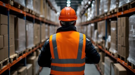 Warehouse worker in safety gear navigates aisles of packed boxes