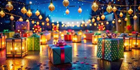 Colorful Gift Boxes Under Twinkling Night Sky - Perfect for Holiday and Celebration Themes