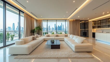 Modern living room with large windows offering panoramic city views.