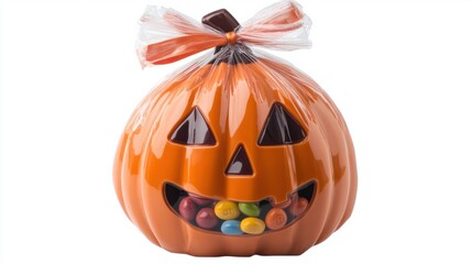 Halloween candy bag shaped like a pumpkin, filled with assorted candy, isolated on white background