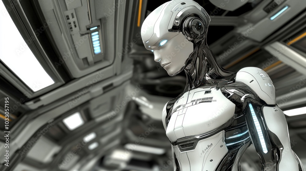 Poster a humanoid robot with a chrome body standing in a futuristic room.