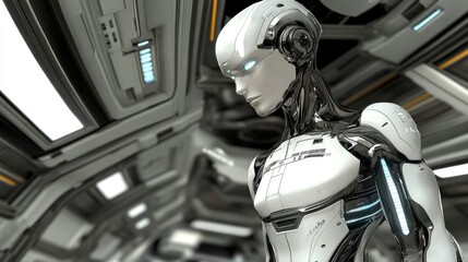 Fototapeta premium A humanoid robot with a chrome body standing in a futuristic room.