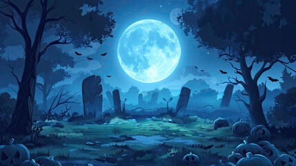Obraz premium moonlight landscape in horror Halloween woods --no text and people, human --chaos 10 --ar 16:9 Job ID: ca1a3a90-11dc-43a0-a990-a940047b84aa