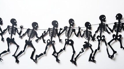 Obraz premium Halloween skeleton garland made from black paper cutouts, festive and spooky, isolated on white background