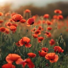 Fototapeta premium Beautiful red poppies on the field at sunset.
