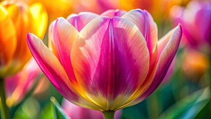 Fototapeta premium A single pink and yellow tulip blossom, illuminated by sunlight, with delicate petals and a soft, blurred background.