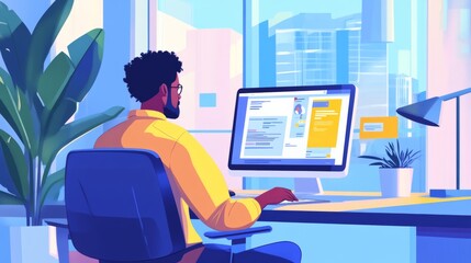 A freelance designer working remotely, finalizing a website template and digital marketing strategy in a bright, modern workspace