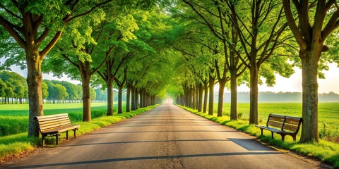 Forced perspective of a long road with trees and bench on both sides