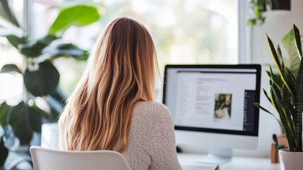 A freelance designer working remotely, finalizing a website template and digital marketing strategy in a bright, modern workspace