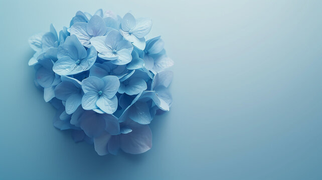 Delicate Blue Hydrangea Flowers Against Soft Blue Background
