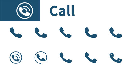 Call icon. Set of solid vector icons on the theme of contact, handset, phone receiver, communication, connection.